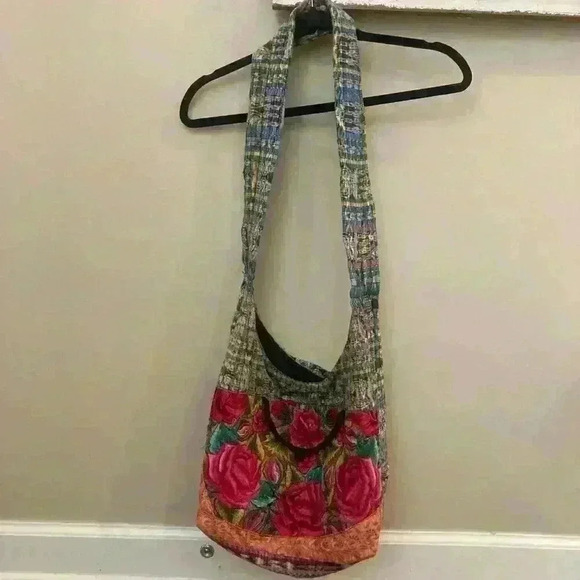 Tapestry Floral Embroidered Boho Ethnic Plaid Hobo Purse Slouchy Shoulder Bag - Picture 9 of 11